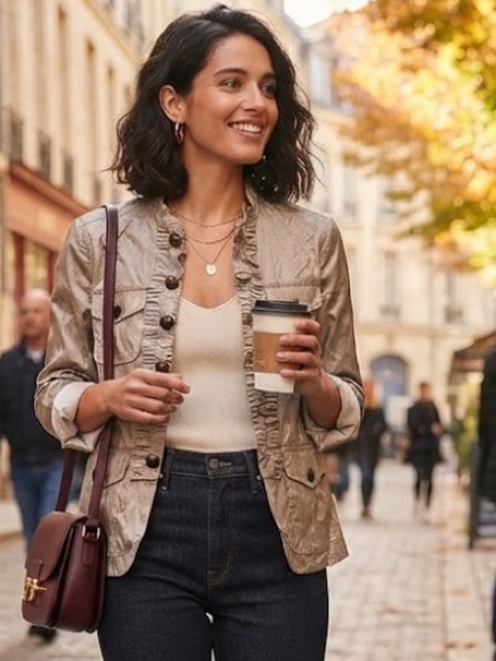 CHICO'S RUFFLE TEXTURE RORY JACKET CHICOS Utility Gold Shiny Jacket